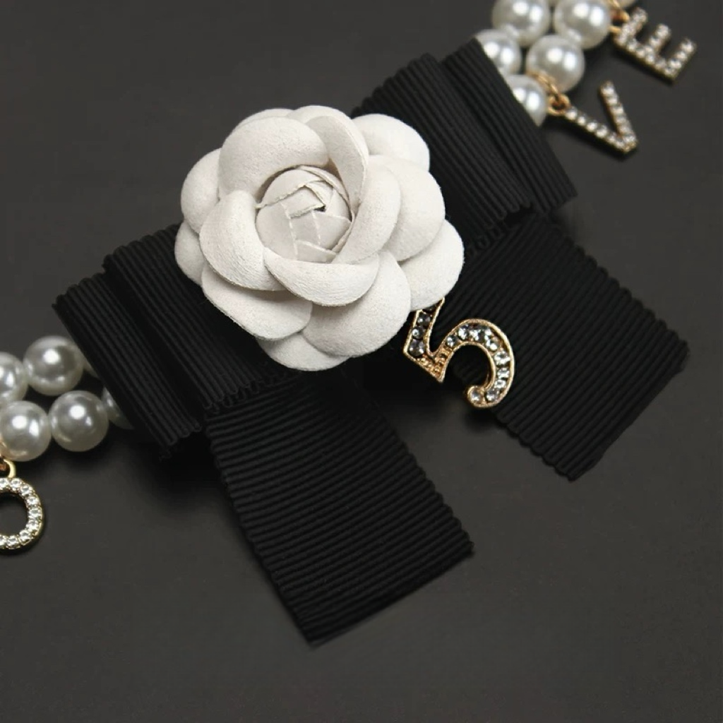 Camellia & Black Bow Pearl Necklace