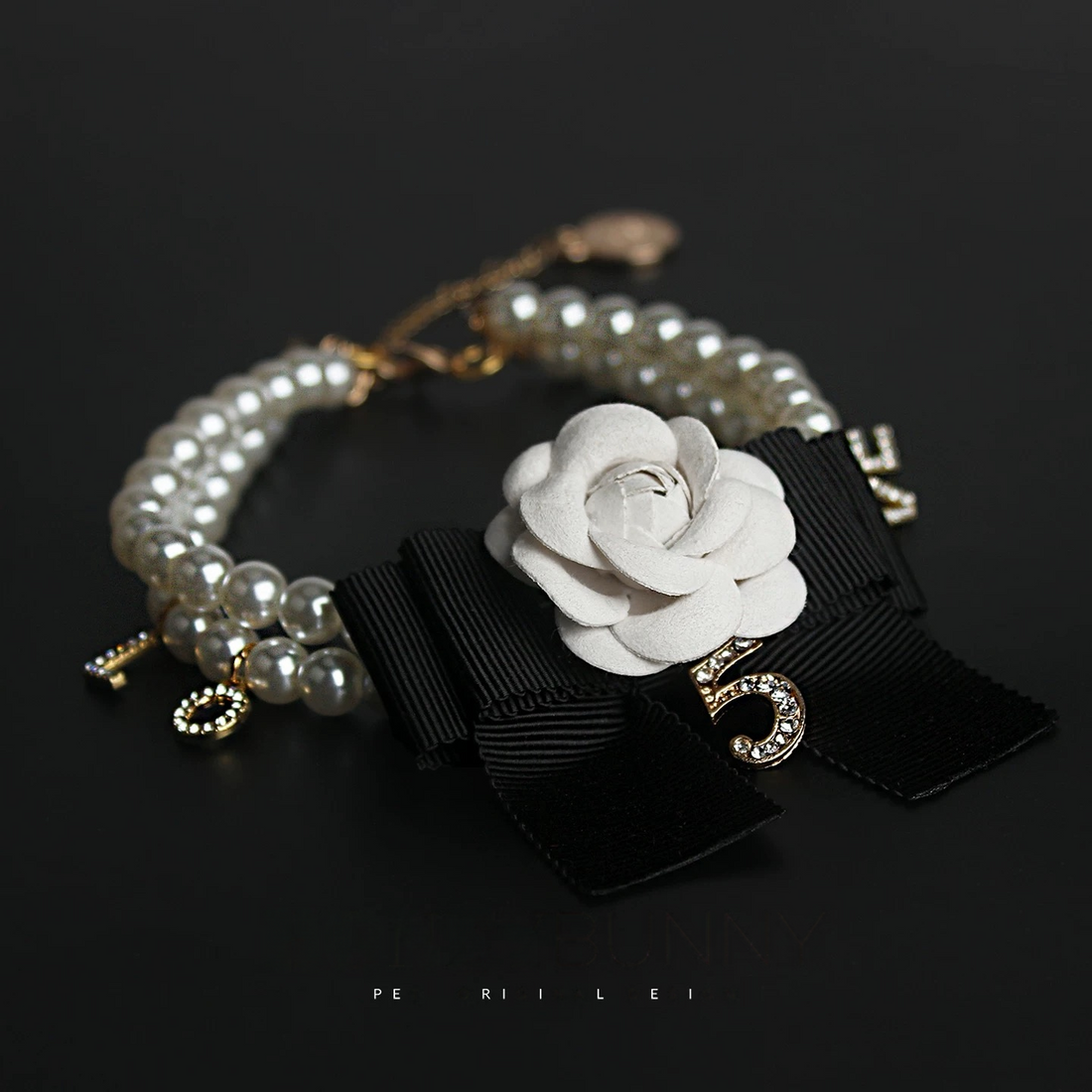 Camellia & Black Bow Pearl Necklace