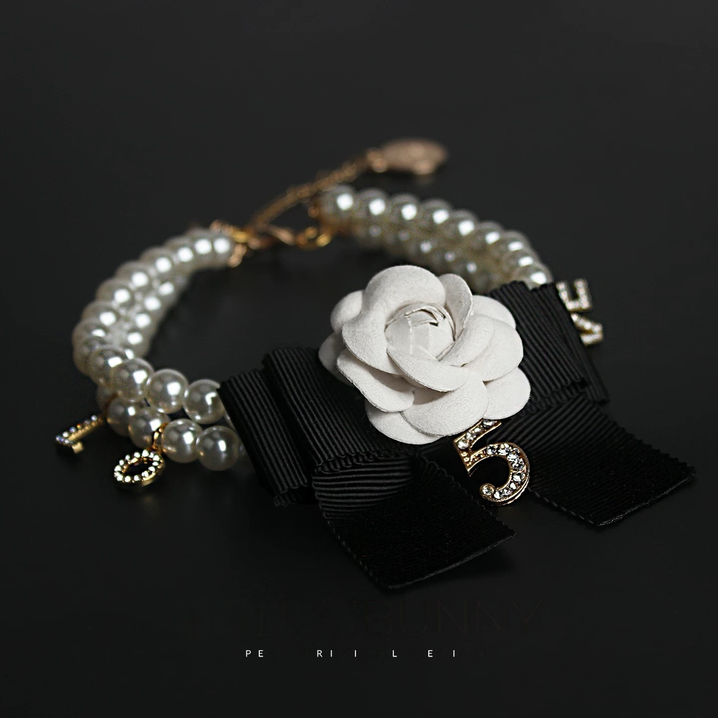 Camellia & Black Bow Pearl Necklace