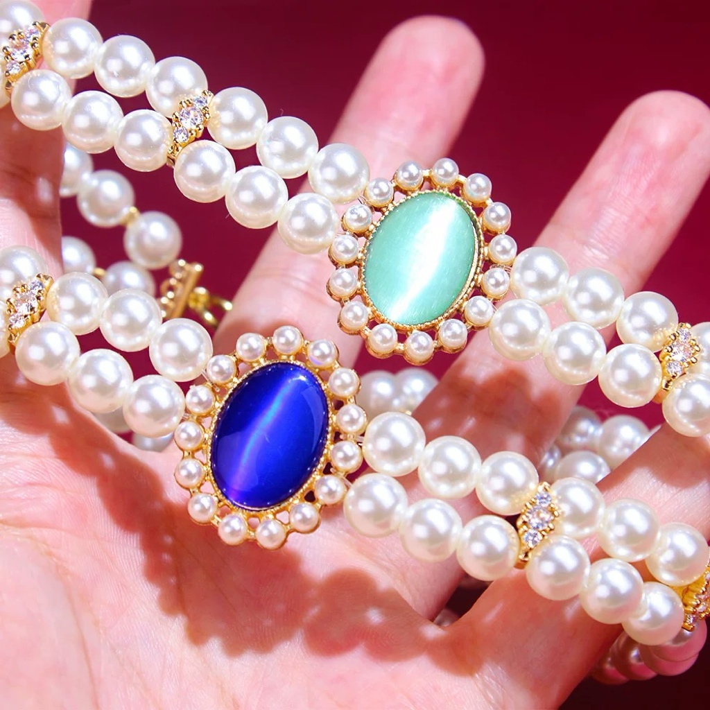 The "Timeless Heritage" Multi-Gemstone Pearl Necklace Series-Green Zircon / Blue Zircon Edition