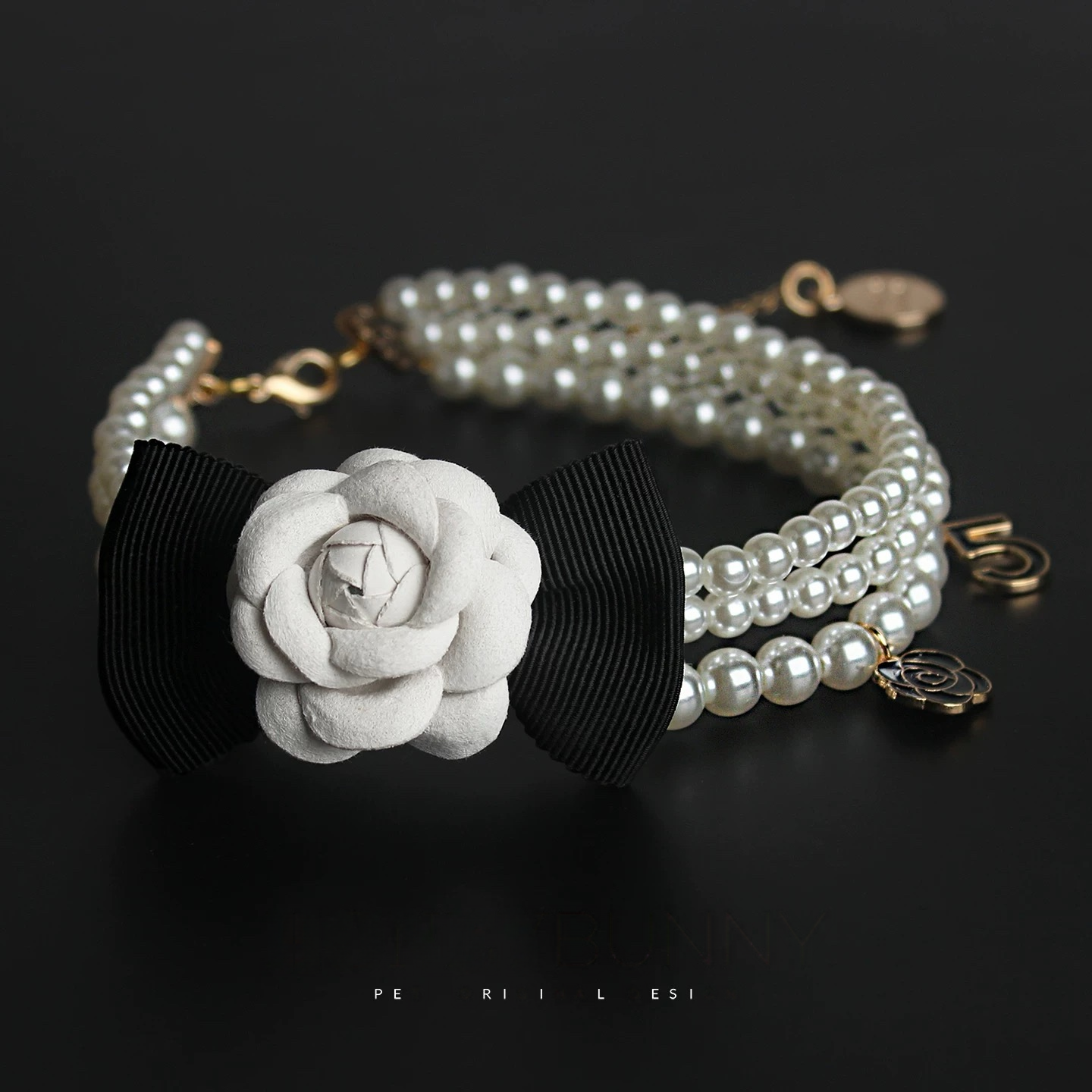 Camellia & Black Bow Pearl Necklace