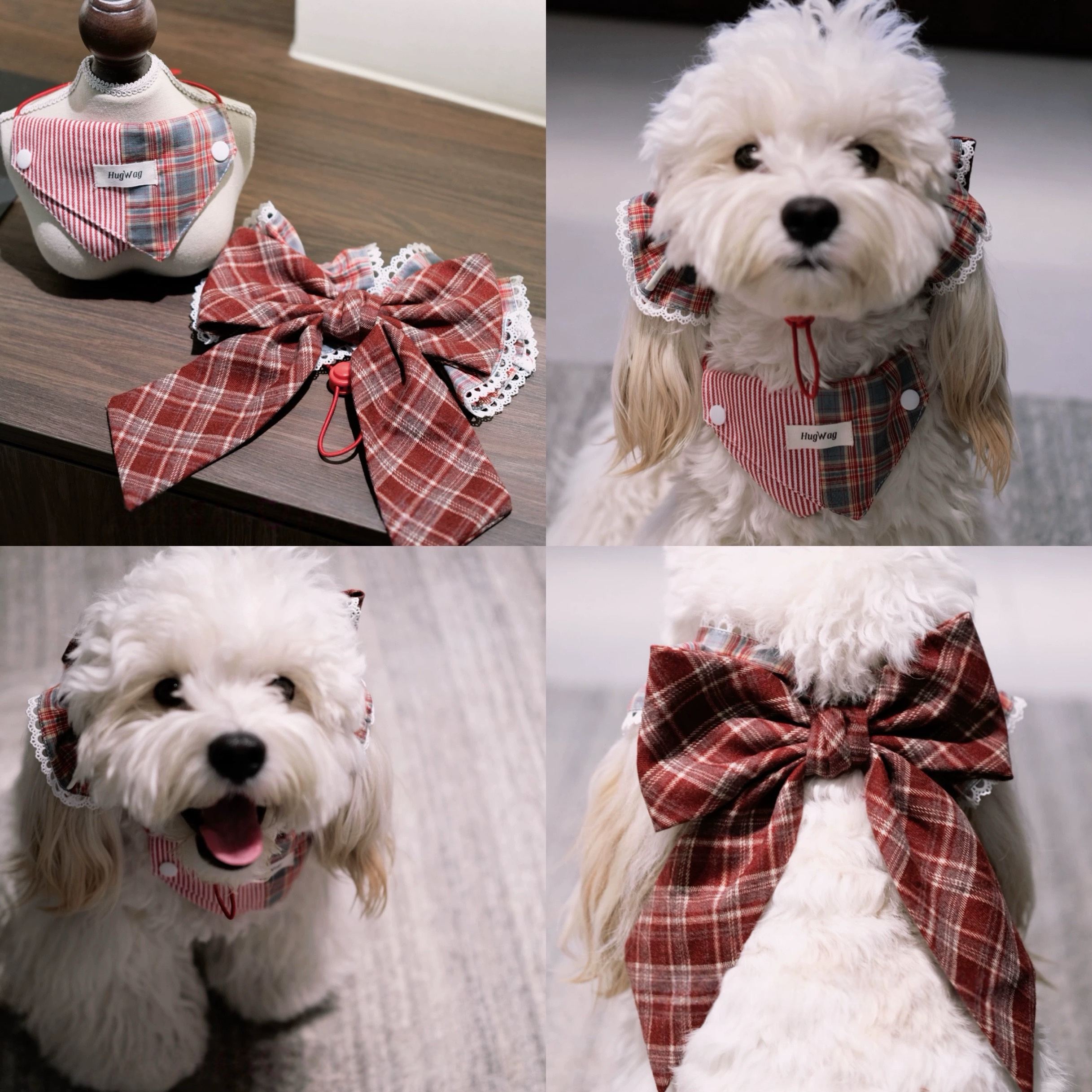 Red Plaid Festive Fido Set: Ear Flower & Reversible Bandana