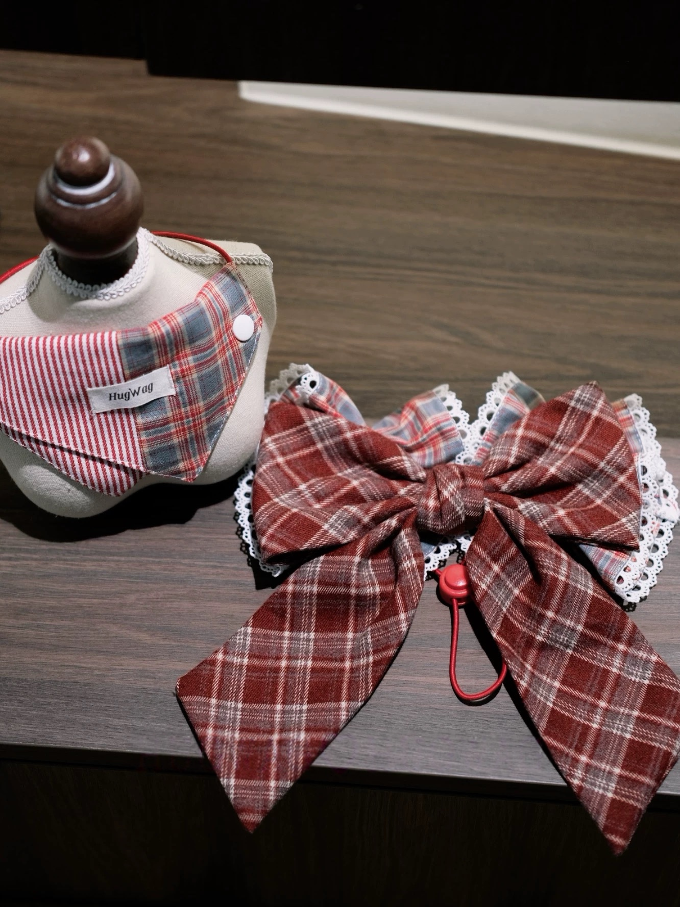 Red Plaid Festive Fido Set: Ear Flower & Reversible Bandana